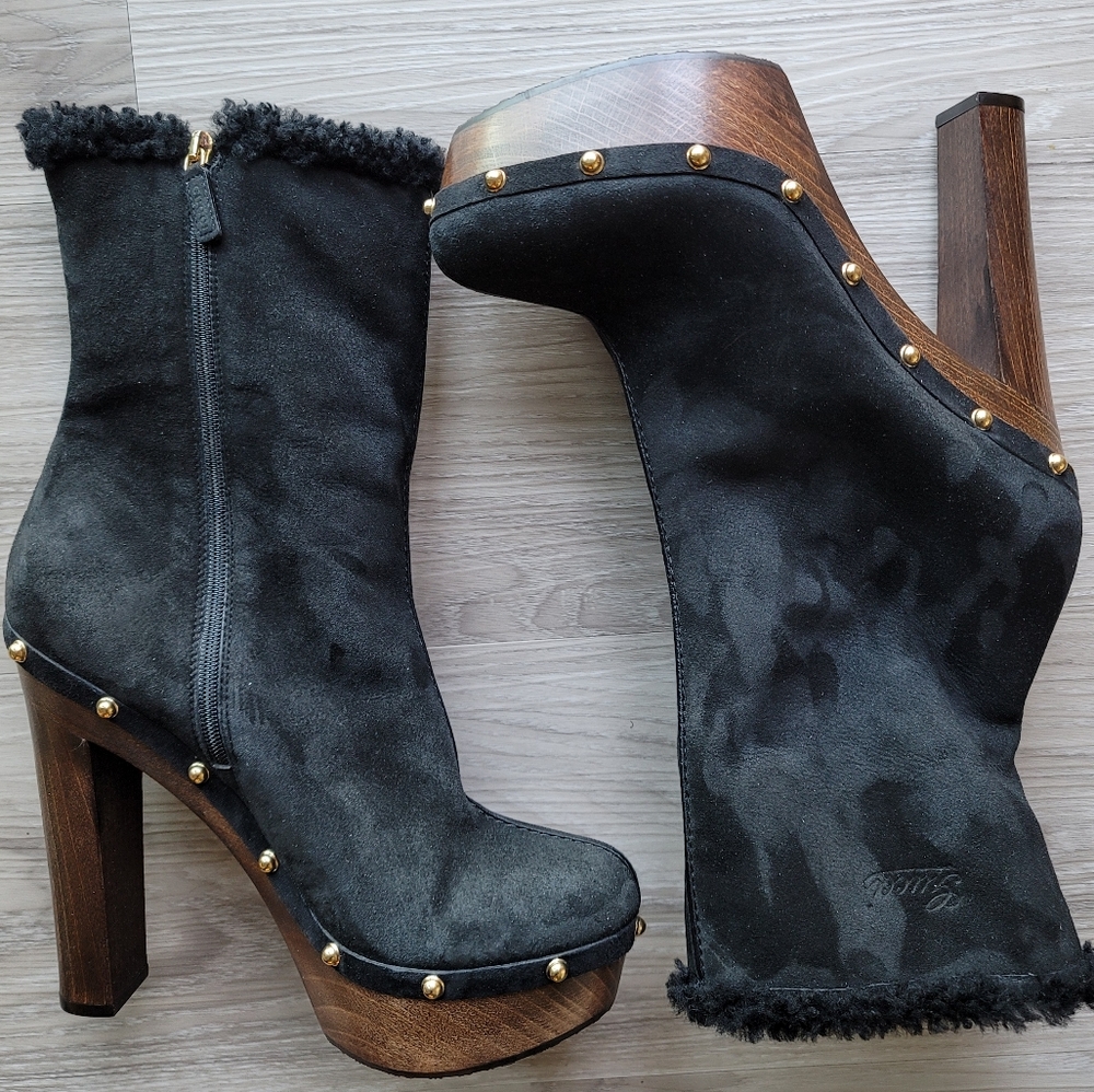 GUCCI Joplin Black Suede Platform Wood Clogs Booties 